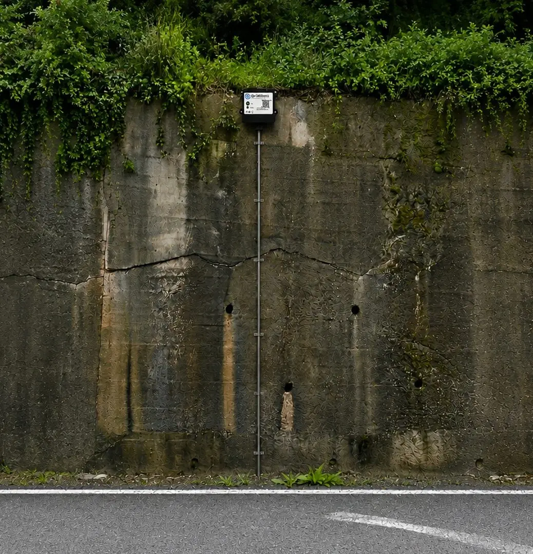 Asta Inclinel installata su un muro di contenimento lungo strada.