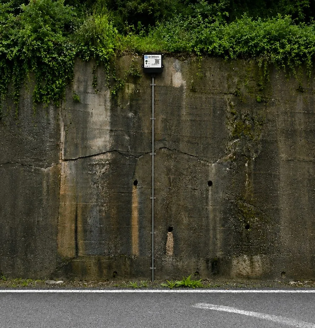 Unità di acquisizione Inclinel installata su un muro di contenimento lungo strada.