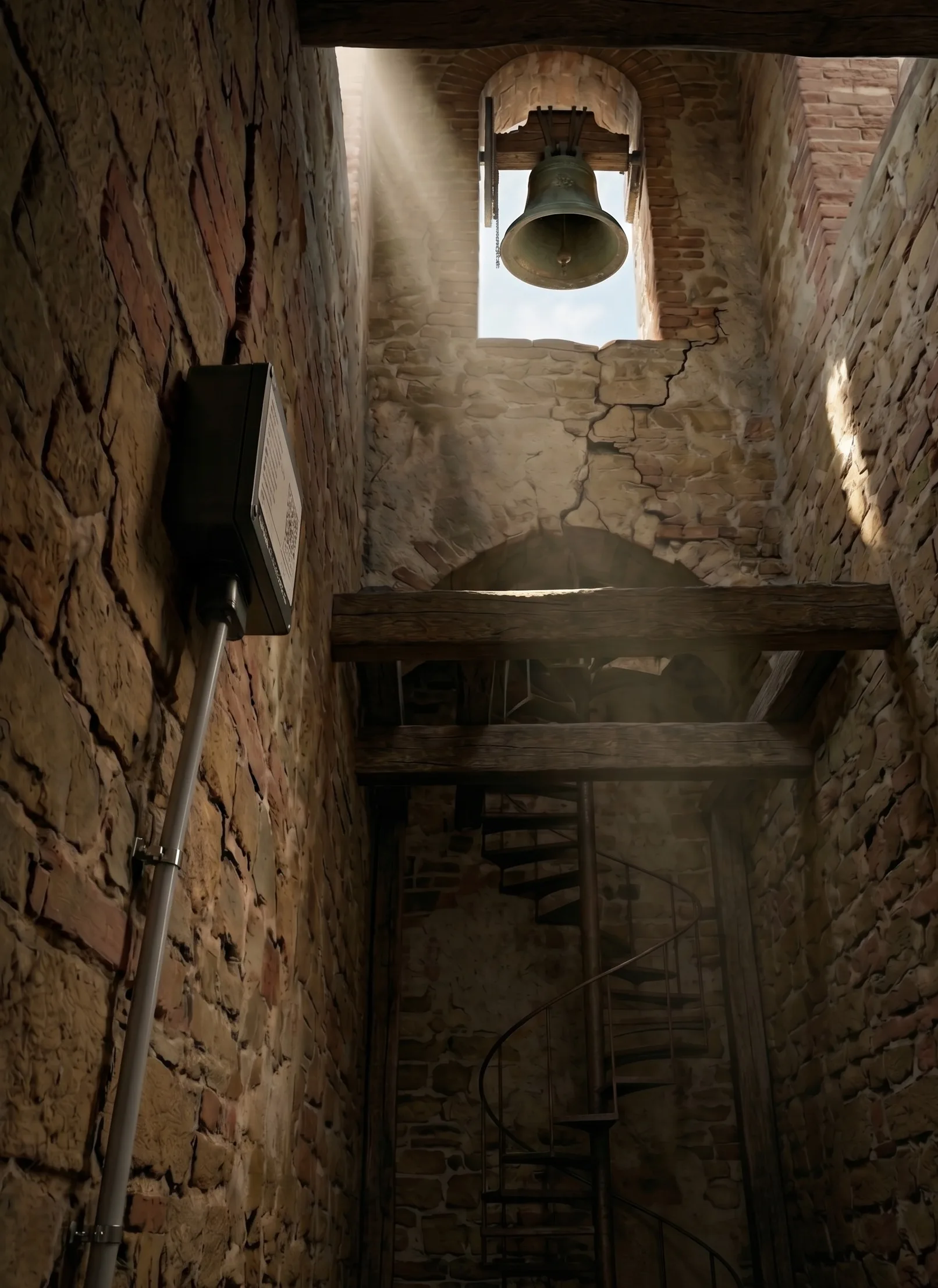 Sensore di inclinazione installato all'interno di un campanile storico con lesioni murarie.